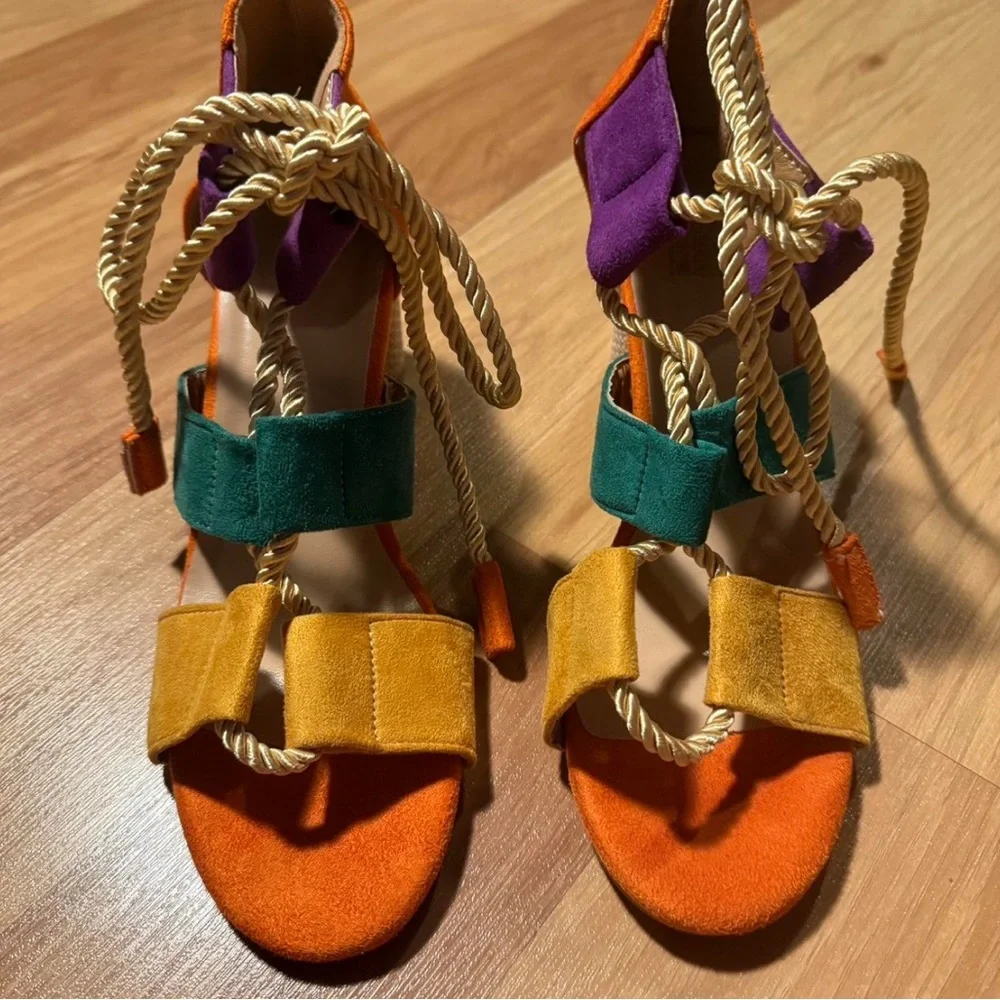 Multicolor Suede Block Heel Sandals with Rope Tie